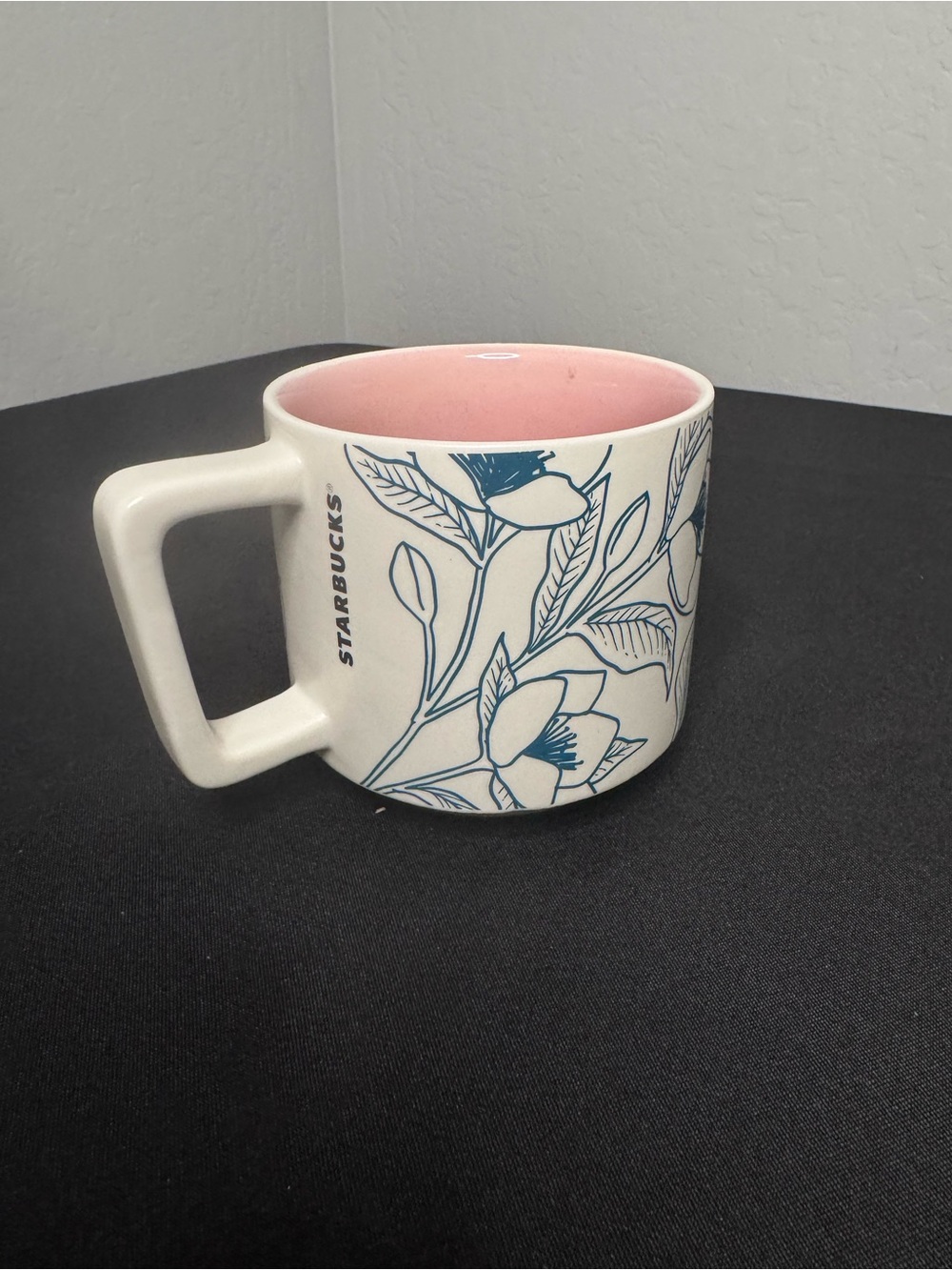 2019 Starbucks Spring Teal Floral Outlined 14 oz Ceramic Coffee Mug Pink Inside